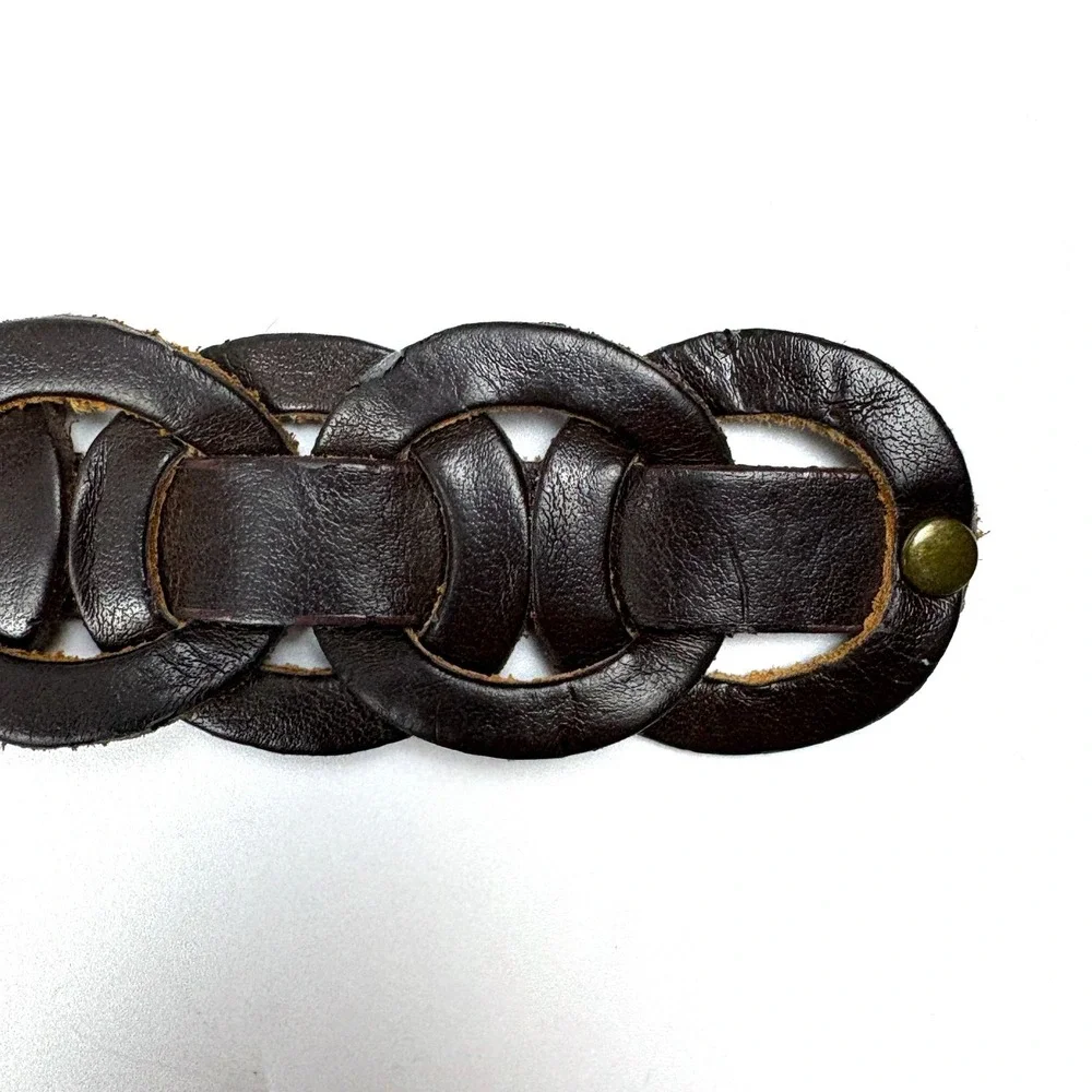 Old Navy Interlocking Chain Genuine Leather Belt Womens‎ Sz XS/S Brown Brass Dbl